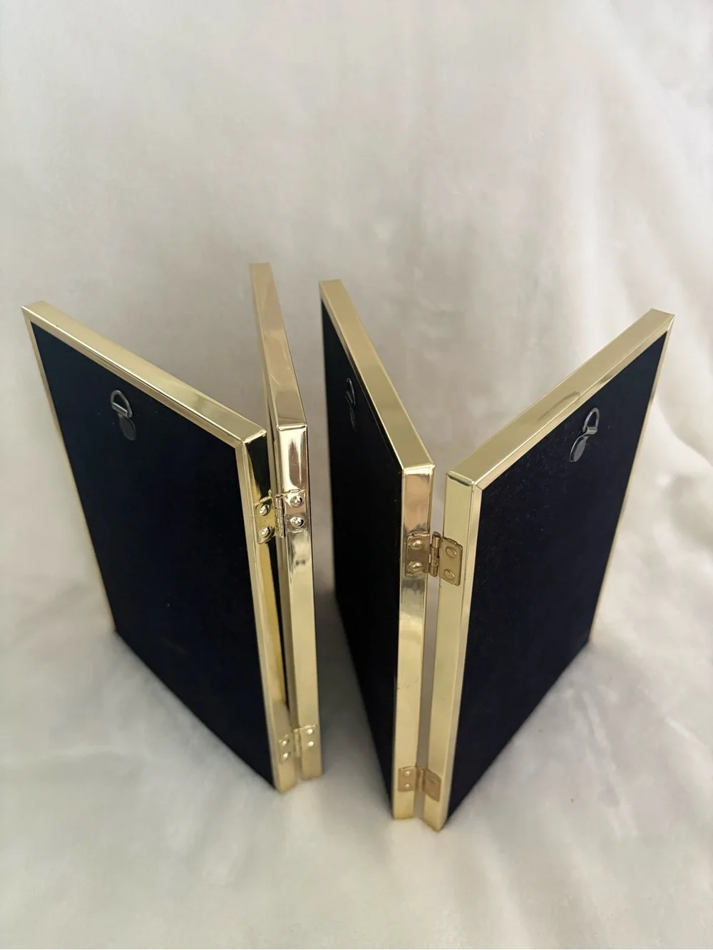 Two Vintage 5 x7 Shiny Brass Gold Tone Hinged Double Folding Photo Pic Frames